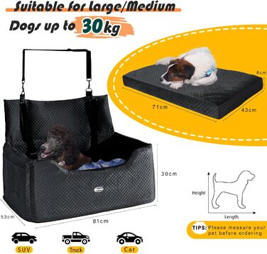 Підвищення для собак PALAMIL: для великих/середніх або 2 маленьких собак, водонепроникний автокрісло для собак з товстим матрацом та кишенями для зберігання (Чорний). Підвищення для великих собак.