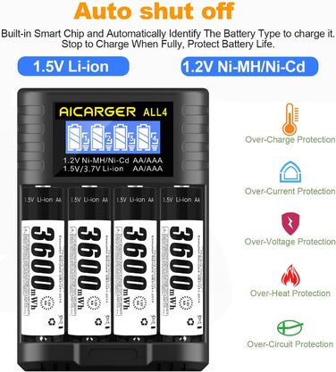 Зарядний пристрій для акумуляторів AA/AAA AICARGER з LCD дисплеєм, 4 слоти, 5V/2A, USB-C, 4 x AA 3600mAh в комплекті