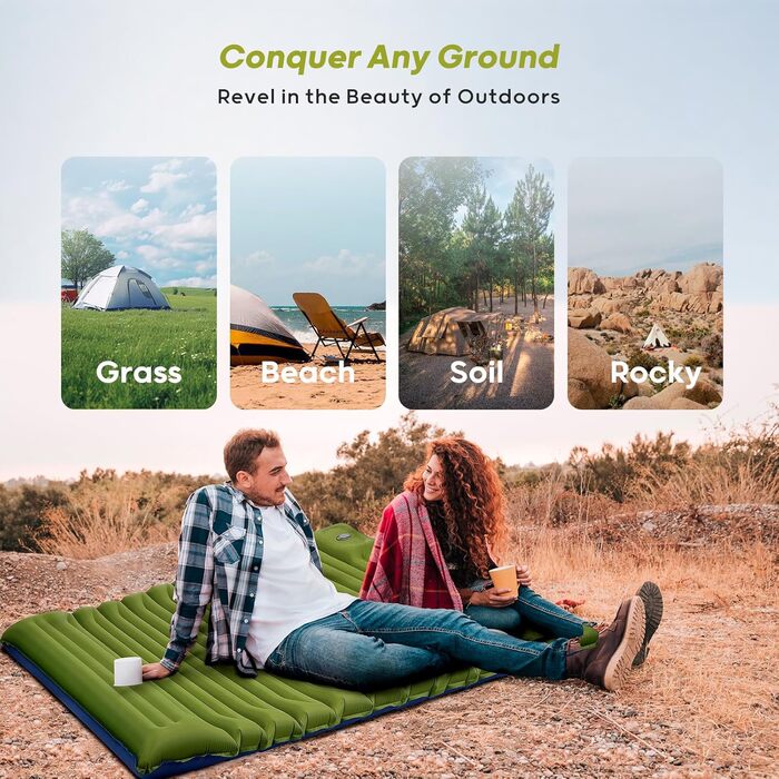 Thick Inflatable Sleeping Pad with Foot Pump and Pillow, Ultralight Camping Air Mattress for Outdoor, Hiking, Bikepacking (Green, Double)