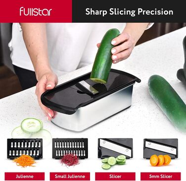Мандоліна для овочів та фруктів 14-в-1 PRO з нержавіючої сталі, чорна: слайсер, шинковка, тертак, нарізчик для огірків, цибулі, картоплі, сиру