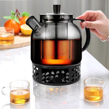 Скляний чайник для чаю з підставкою-підігрівачем та ситом, 1500 мл, заварник для листового та фруктового чаю