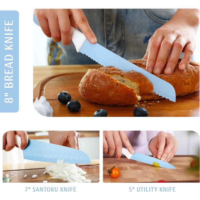 Набір ножів Hecef 14 предметів у блоці, з антипригарним покриттям, для миття в посудомийній машині, самозаточуваний блок, ергономічні ручки, кухонний набір для будь-якої кухні (блакитний)