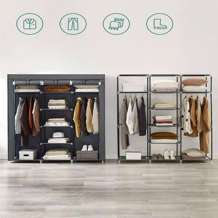 SONGMICS Wardrobe, Clothes Rack, Folding Closet Organizer with Clothes Rod, Clothes Stand, Storage, Pockets, Shoes, Bedroom, Dressing Room, 45 x 150 x 175 cm, RYG12B (Grey)