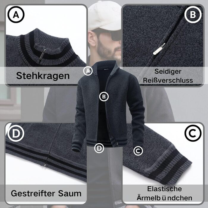 Чоловічий светр з кишенями та коміром-стійкою, флісова підкладка, кардиган, повсякденний зимовий светр, куртка на блискавці, теплий, манто (сірий, L)