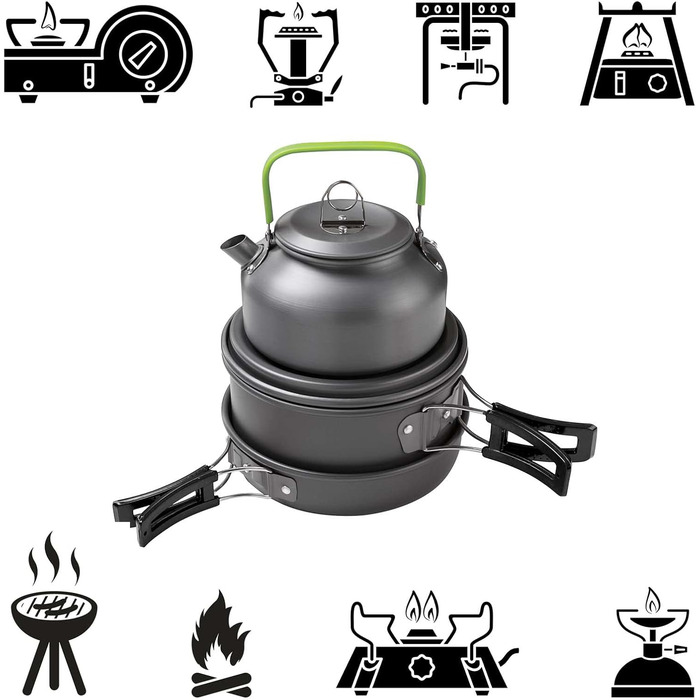 Набір кухонного посуду для кемпінгу 12 предметів: каструлі, сковорідки, чайник | Кухонний набір для відпочинку на природі