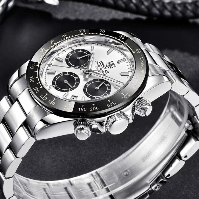 Чоловічий годинник BENYAR: Хронограф, кварцовий механізм, водонепроникний, з нержавіючої сталі, білий та чорний колір