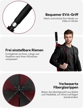 TECKNET Головний парасолька велика XXL, гольф-парасолька 68 дюймів, стійка до вітру, з подвійною конструкцією, вентильована, з великою ручкою EVA, для жінок та чоловіків, чорна та червона, діаметр 150 см