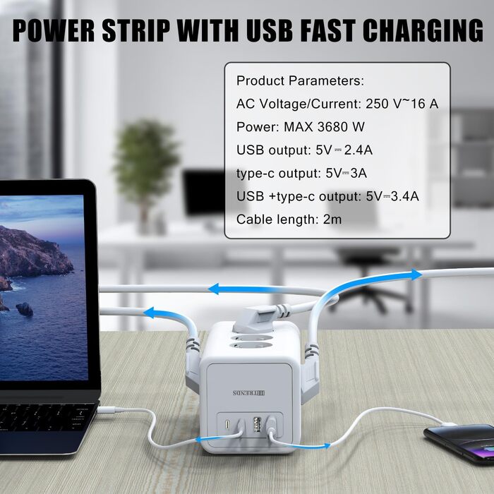 Блок розеток з USB-C, 4 розетки, плоский штекер, індивідуальне вмикання, куб з 2м плетеного кабелю для офісу, дому, подорожей - Білий 002-MF (12 розеток 2M - Білий)