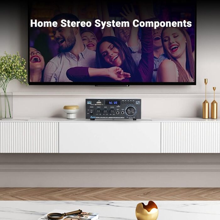 NEOHIPO HiFi-усилювач AK45 Mini, Bluetooth стерео аудіоусилювач 400Вт, 2-канальний, цифровий, з FM-радіо, SD/USB, для дому або авто, чорний