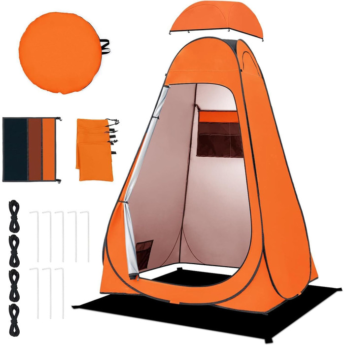 Brian & Dany Pop Up Camping Shower Tent - Portable Changing Tent with Rainfly & Windows - Outdoor Privacy Shelter - UPF 50+ Waterproof - Green/Orange