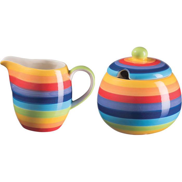 Hand-painted sugar bowl and teapot set with rainbow stripes