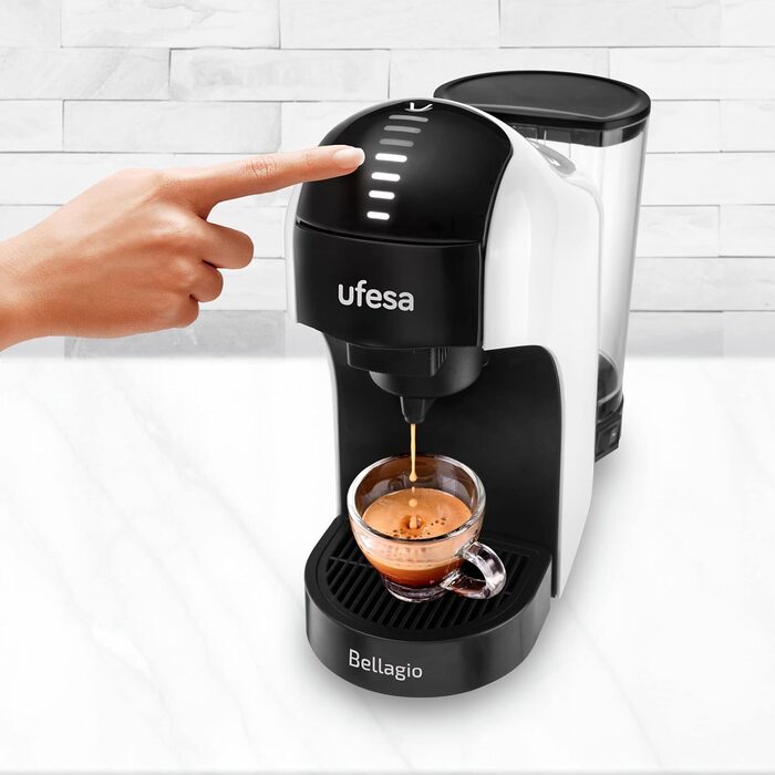 Ufesa Bellagio 3-in-1 Multi-Capsule Coffee Machine for Nespresso Original Capsule, Dolce Gusto, or Ground Coffee, Digital Touch Panel with 7 Levels, 1 L Water Tank, 1400 W, 15 Bar Pressure, Compact