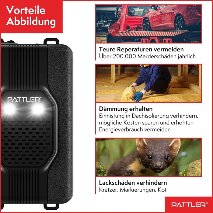 PATTLER® Захист від куниць для авто з миготливим світлом, універсальне живлення 12V/AA/USB, ефективний відлякувач для автомобіля, горища, саду, 2 шт.