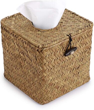 BSTKEY Household Cube, Seagrass Face Towel Box, Decorative Woven Paper Holder, Original Color, Yellow, 35.6 x 35.6 x 33 cm