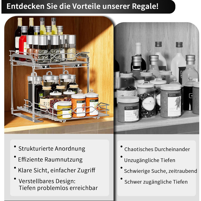 Висувна полиця для спецій з нержавіючої сталі, органайзер для спецій, 2 яруси, регульована висота, кухонний органайзер, система полиць для спецій для кухонної шафи, стояча полиця для спецій для внутрішньої частини шафи