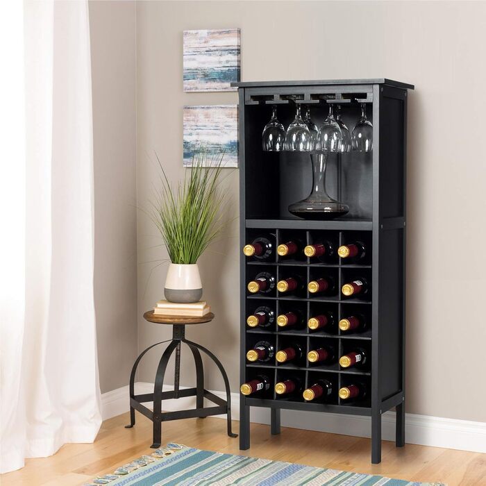 RELAX4LIFE Wine Rack Pine Wood, Wine Cabinet with Wine Glass Holder, Wine Holder for 20 Bottles, Wine Stand for Kitchen, Bottle Shelf for Wine & Drinks, Large Storage 42 x 24.5 x 96 cm (Black)