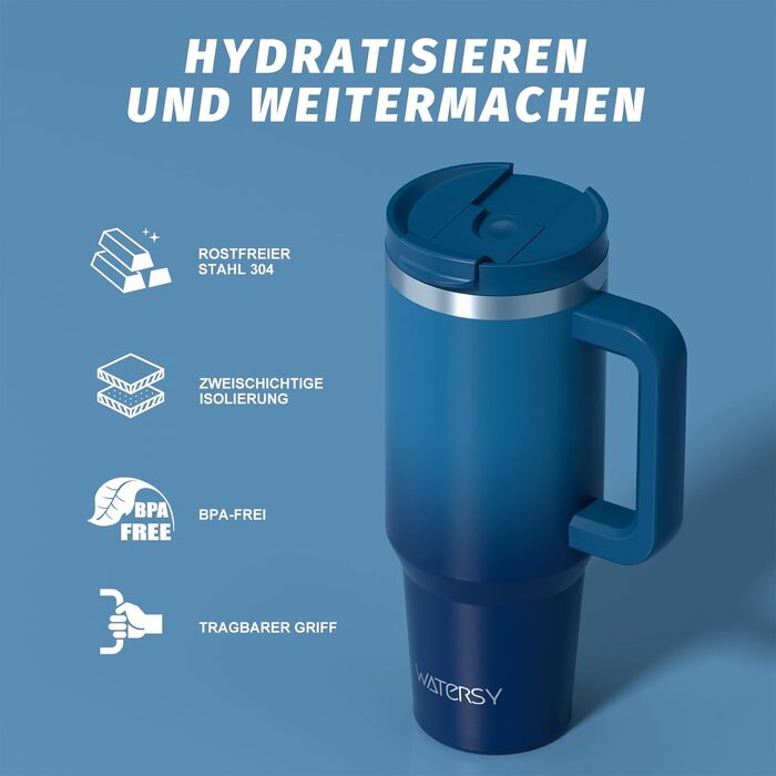 Термокружка WATERSY 1.2L з 2 трубочками, 1200 мл, зелена, з нержавіючої сталі, з вакуумною ізоляцією, без BPA, для кави та напоїв, з кришкою-гвинтовою, витримує до 12 годин, виготовлена з високоякісного матеріалу