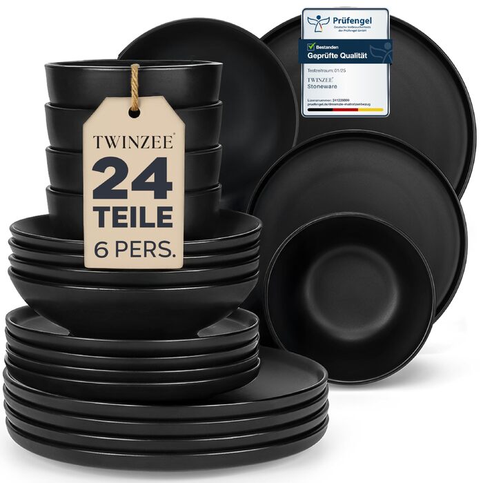 Набір посуду з кераміки Twinzee Ebony Collection, матово-чорний, 24 предмети на 6 осіб, підходить для мікрохвильової печі