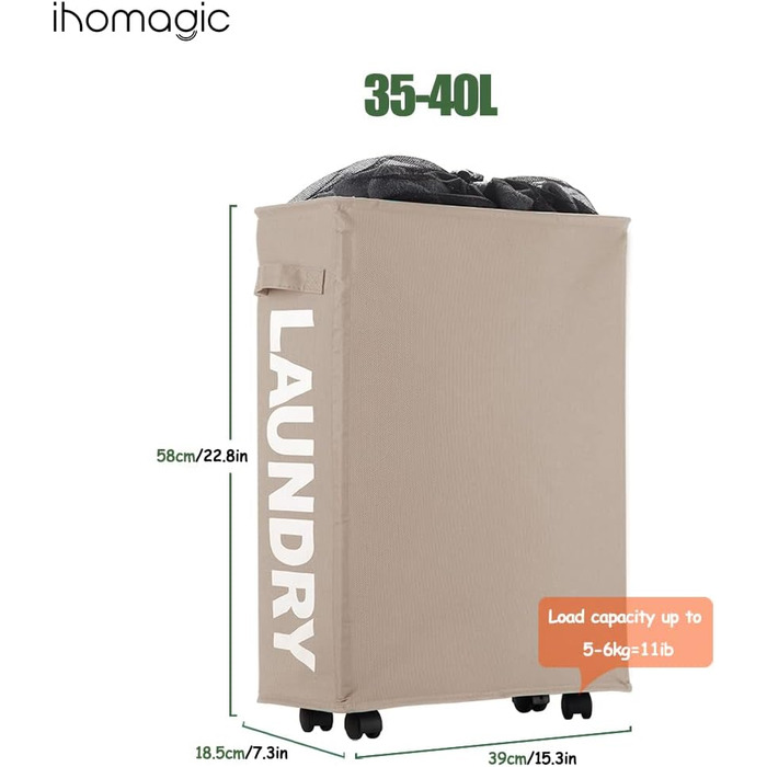 IHOMAGIC 40 л Тонкий кошик для зберігання з ручками, складаний тканинний кошик для білизни на колесах, вузький переносний кошик для брудної білизни, іграшок, рушників, пледів (хакі)