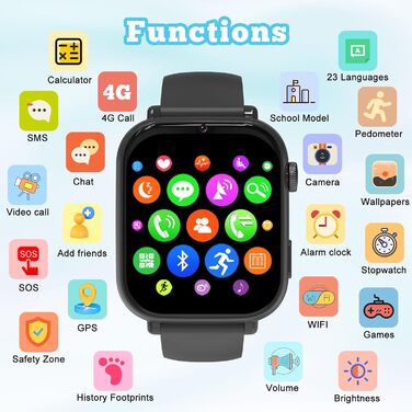 Дитячий розумний годинник GPS з телефоном та 4G, чорний: відеодзвінки, чат, шкільний режим, ігри, калькулятор, крокомір