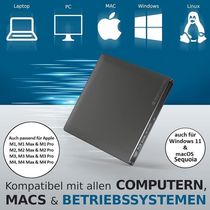 Зовнішній Blu-ray привід techPulse120 USB 3.1 Type-C M-Disc BDXL Brenner Player Slim для PC, Notebook, Mac OS, MacBook Pro Air, алюміній (сірий)