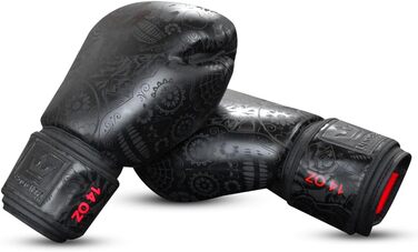 Buddha Fight Wear Luzbel Boxing Gloves - Muay Thai & Kickboxing - Premium PU Leather - Odor Resistant - Reinforced Stitching - 16oz - Black & Matte Black