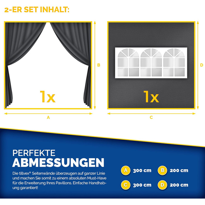 tillvex® for 3x3m Gazebo | Folding Gazebo Side Walls Water-Repellent | Side Windows & Zipper | Side Walls for Garden Tent Party Tent (2x Side Wall, Anthracite)