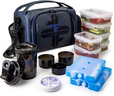 Ізотермічна ланч-бокс сумка з 6 контейнерами для їжі, BPA Free, для мікрохвильовки та морозилки, з шейкером, органайзером для пігулок, плечовим ременем і акумуляторами холоду, синя