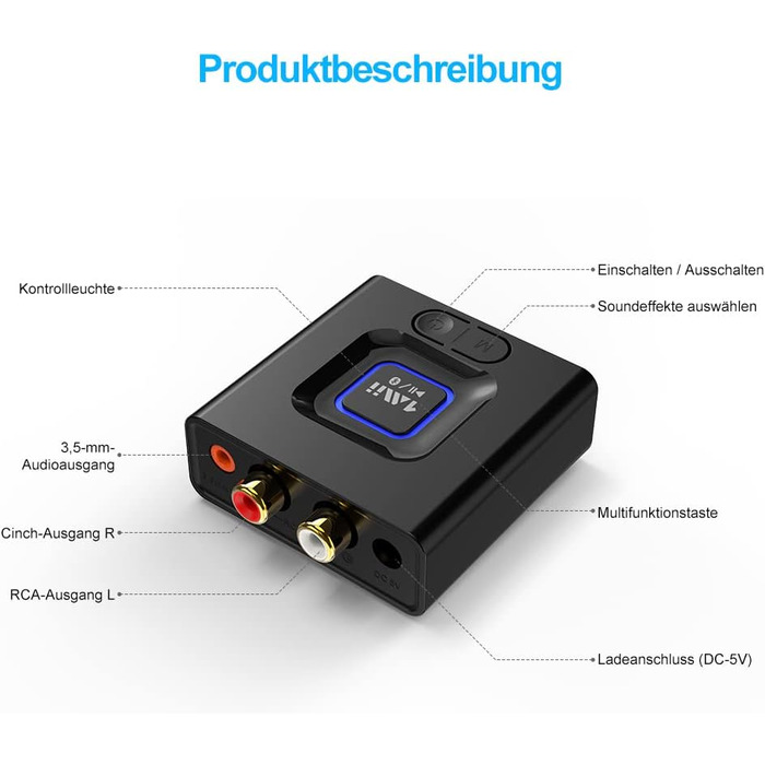 1Mii ML201 Bluetooth адаптер для стереосистеми: бездротовий аудіо приймач з AUX/Cinch, для ПК, смартфонів та планшетів, 12 годин роботи, режим басів Medium