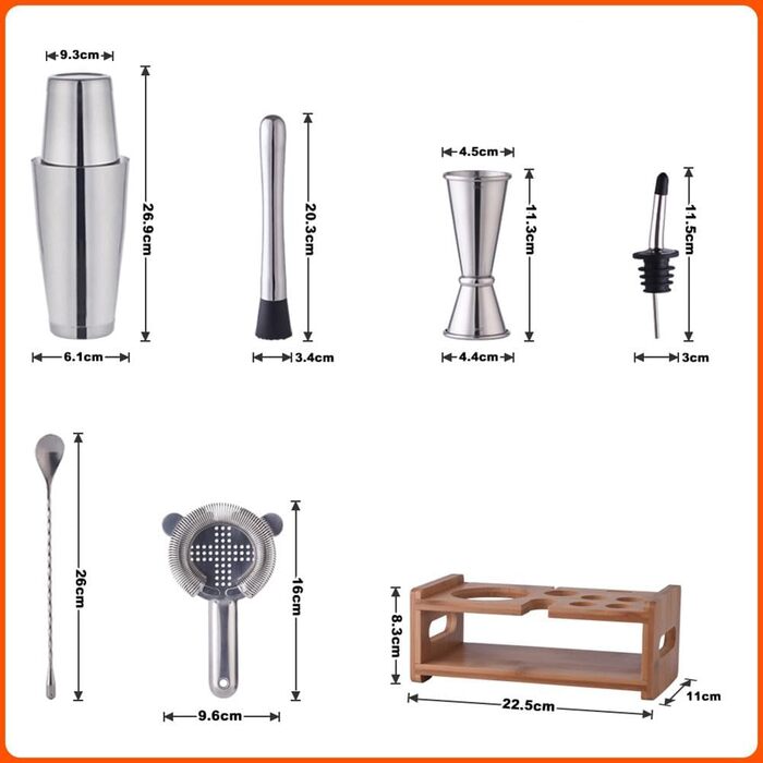 Набір для коктейлів 10 предметів з нержавіючої сталі: шейкер, міксер, дерев'яна підставка, аксесуари бармена (мірний стакан, ложка, наливка) для приготування напоїв вдома, барі, на вечірці
