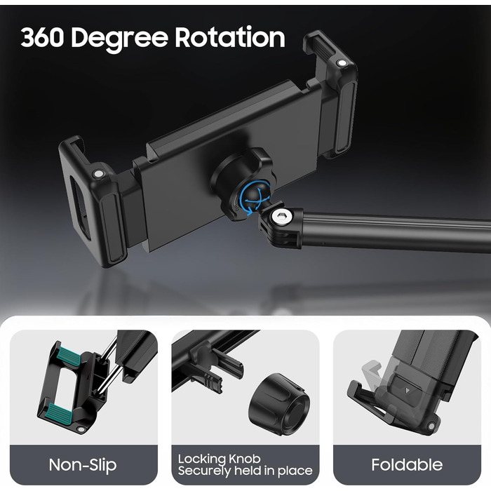 Тримач для планшета в авто FINTIE - універсальний, поворотний на 360°, висувний, для iPad, Samsung Tab, смартфонів, Kindle, Switch (4.7-13 дюймів)