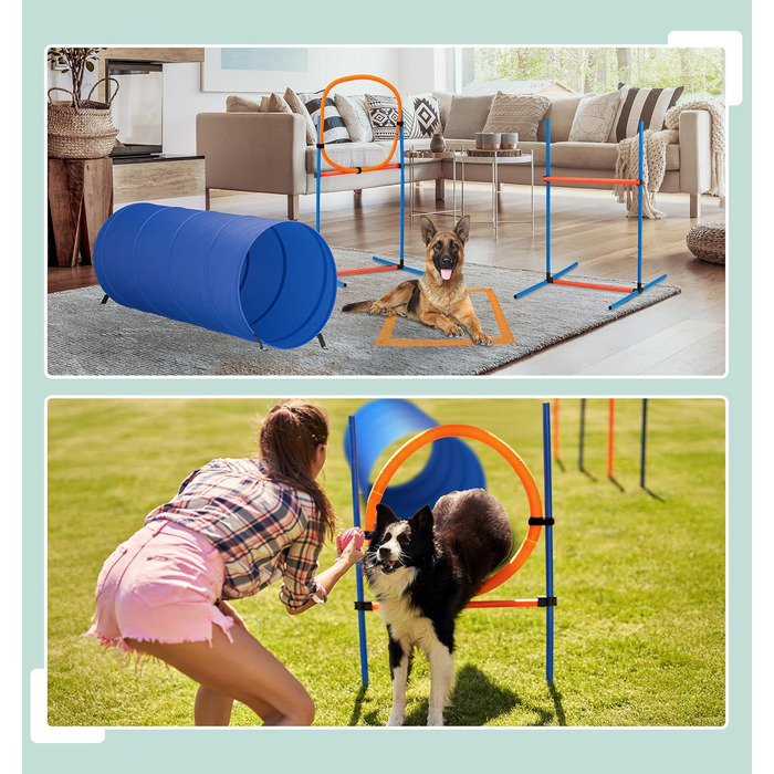 Набір для аджиліті для собак Relaxdays, 76 елементів, регульовані бар'єри, обруч, стійки для слалому, сумка, блакитний/помаранчевий