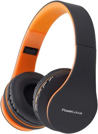 PowerLocus Бездротові навушники Over-Ear з Bluetooth, Hi-Fi стерео, FM радіо, Micro SD/TF, мікрофоном та зручними амбушюрами (Чорний/Помаранчевий)