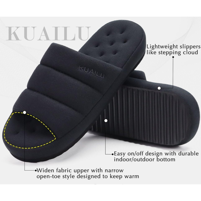 Чоловічі домашні тапочки KuaiLu, модна стежка, тканинні сандалії, комфортні, з піною пам'яті, для дому та вулиці, чорні, 44 EU