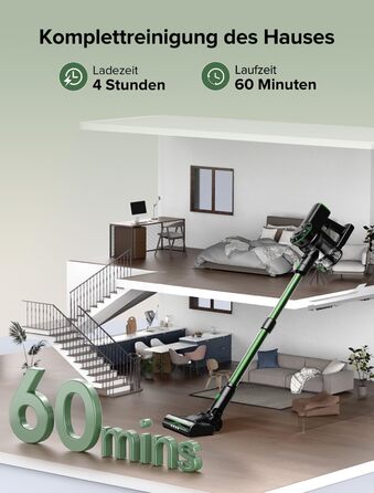 Бездротовий пилосос Vexilar Akku: 60 хвилин роботи, 45 kPa, 550 W, безщітковий мотор, LED дисплей, 6-в-1, тихий, для дому/авто, тверді підлоги, килими, шерсть тварин, зелений