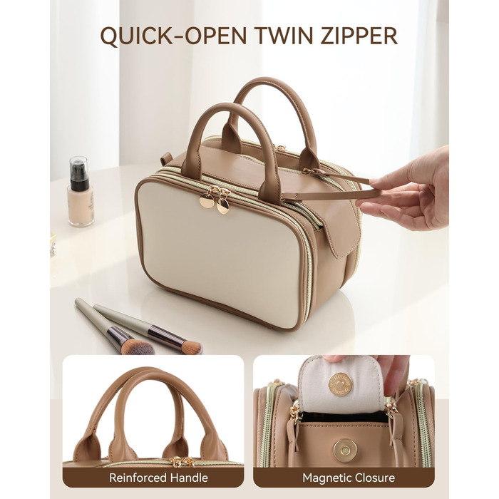 Косметичка для макіяжу Prite з великою місткістю, водонепроникна, з ручкою та кількома відділеннями, бежево-коричнева