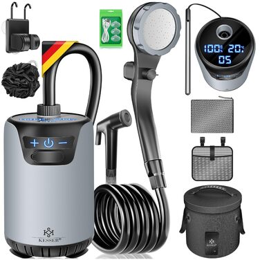 Сонячний душ KESSER® з насосом та акумулятором 8000mAh, 20л – портативний душ для кемпінгу з насадкою, шлангом 2м та тримачем (сріблястий/чорний)