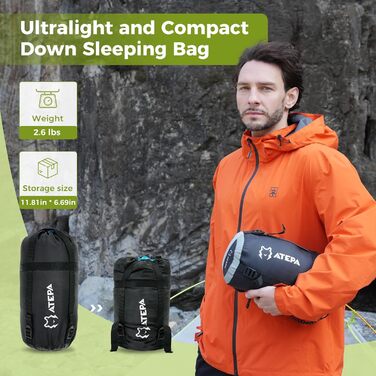 Спальний мішок ATEPA Down Ultralight 650 FP, 3-сезонний, -18°C, чорний. З компресійним мішком, як ковдра