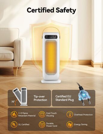 Електричний обігрівач PTC керамічний 1500W з пультом керування, 4 режими, осциляція 110°, таймер 1-10 год, захист від перегріву та перекидання. Компактний обігрівач для дому (білий)