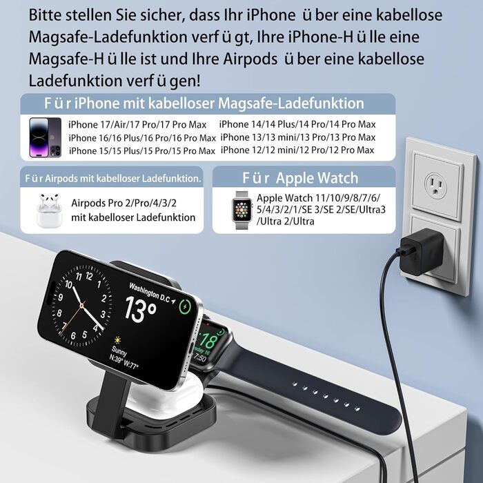 3-в-1 індукційна зарядна станція для Apple: iPhone, Apple Watch, AirPods (з адаптером), чорний