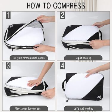 Органайзери для валіз AiQInu, 5 шт. - Набір для пакування з компресійними мішками, мішок для білизни та для взуття. Легкі, розширювані, для ручної поклажі (Чорний)