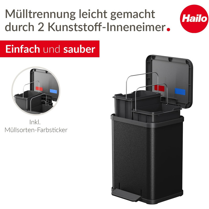 Подвійне сміттєве відро Hailo Öko duo Plus M, 2 x 9 л, сталевий роздільник сміття з кришкою Soft Close для кухні, чорний