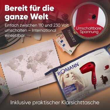 Фен Bomann® HTD 8005 CB червоний: компактний туристичний фен 1200W з дифузором та сумкою | 2 режими | 110/230V