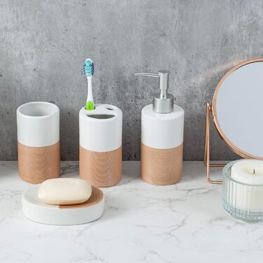 Deluxe 4-Piece Ceramic Bathroom Set with Soap Dispenser, Toothbrush Holder, Cup, and Soap Dish in White and Beige