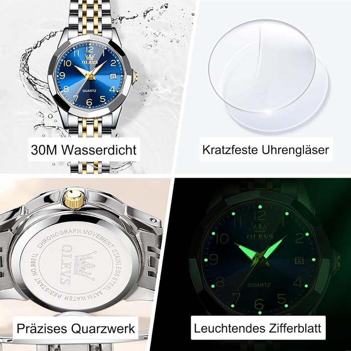 Годинник жіночий OLEVS з нержавіючої сталі, блакитне циферблат, аналоговий кварц, з датою, водонепроникний, на металевому браслеті. Подарунок для жінок (9970)