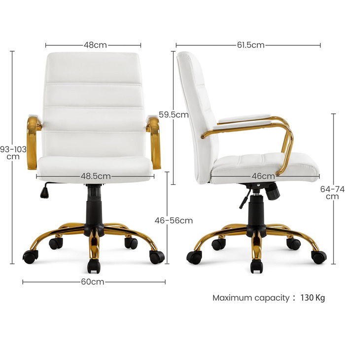 Офісне крісло Yaheetech з ергономічною спинкою, поворотне, з роликами та підлокітниками, до 130 кг, білий/золотий