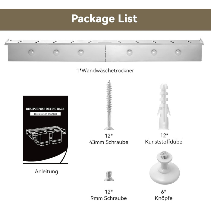 Настінна сушилка для білизни Donken, 80 см, розкладна, для ванної кімнати, балкону, тераси, біла