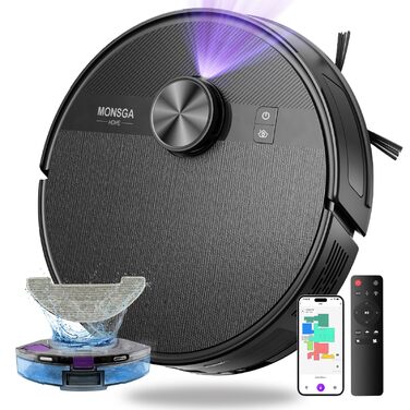 Робот-пилосос MONSGA з функцією миття, потужність 5000Pa, час роботи 180 хв, система захисту від спутання, навігація LiDAR, для килима, шерсті тварин, керування через додаток та пульт (чорний)