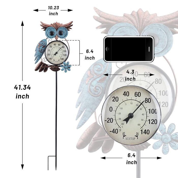 MUMTOP Outdoor Thermometer, 42 inch Metal Owl Garden Stake Outdoor Wall Thermometer for Patio, Yard and Garden