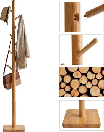 YMYNY Solid Wood Wardrobe Rack, Freestanding Clothes Rack with 8 Hooks, Thickened Square Base, 3 Adjustable Heights, for Bag, Clothing, Living Room, Natural Wood Color HCR002N
